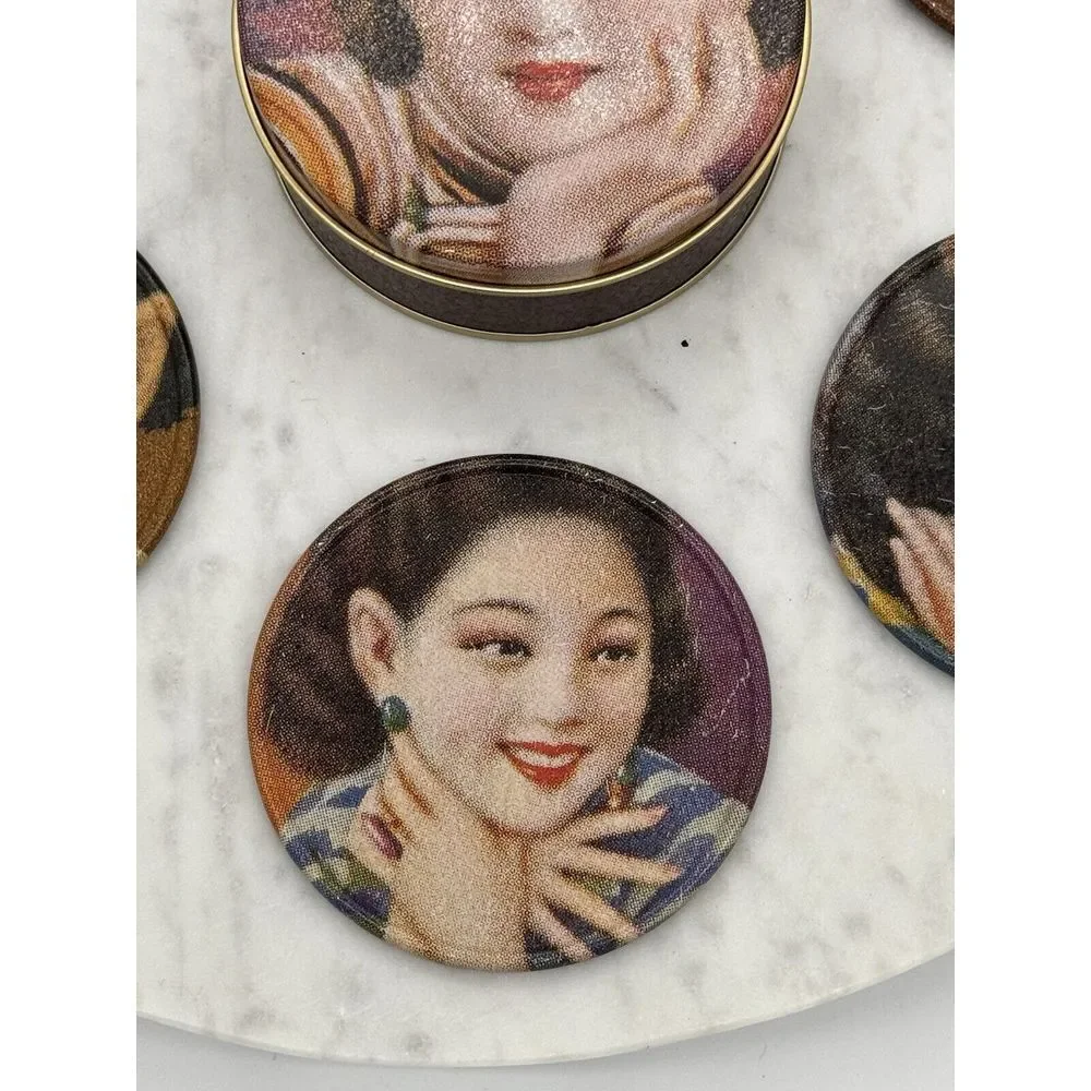 Vintage Coasters Set Alan Chan Creations Metal W/ Cork Back‎ & Storage Tin